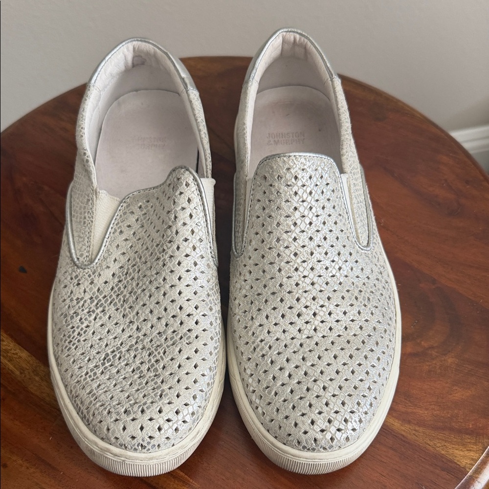 Johnston & Murphy Silver Metallic Perforated Slip-On Loafers